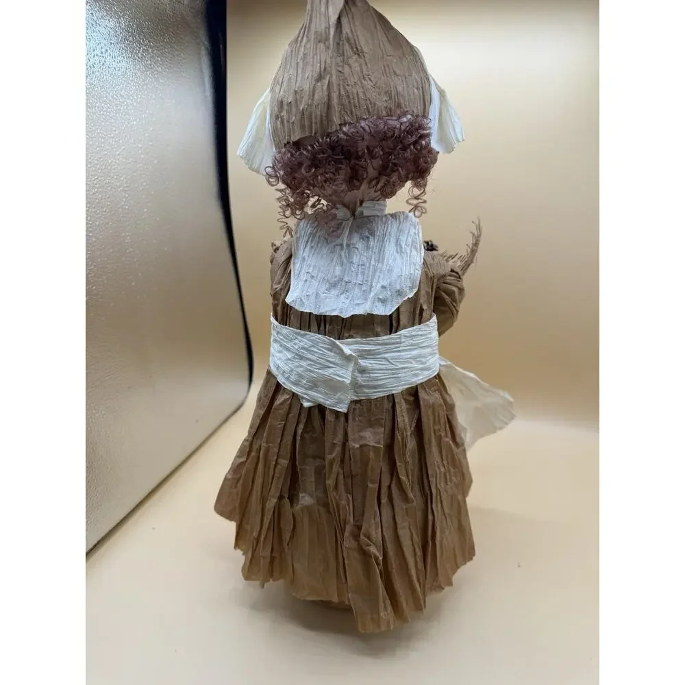Handmade Crepe Paper Pilgrim Doll Harvest Thanksgiving Folk Art Soda Bottle 17”